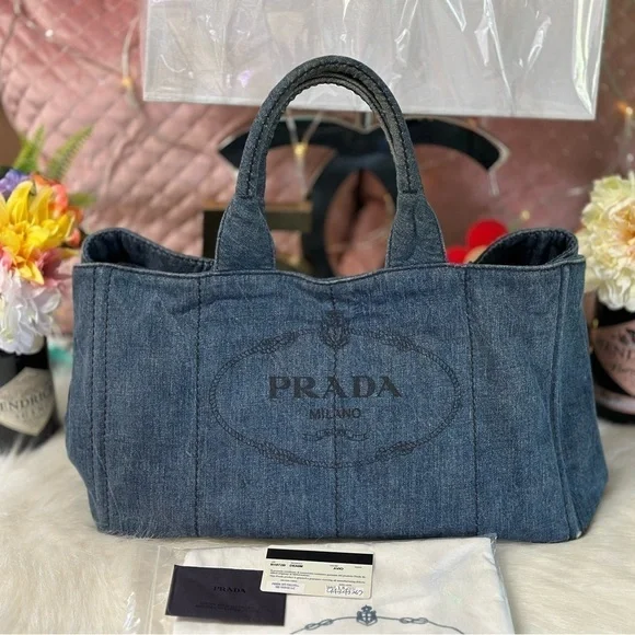 PRADA CANAPA LARGE DENIM TOTE AVIO BLUE LOGO BAG ITALY AUTHENTIC DUST BAG/CARD - Picture 2 of 16